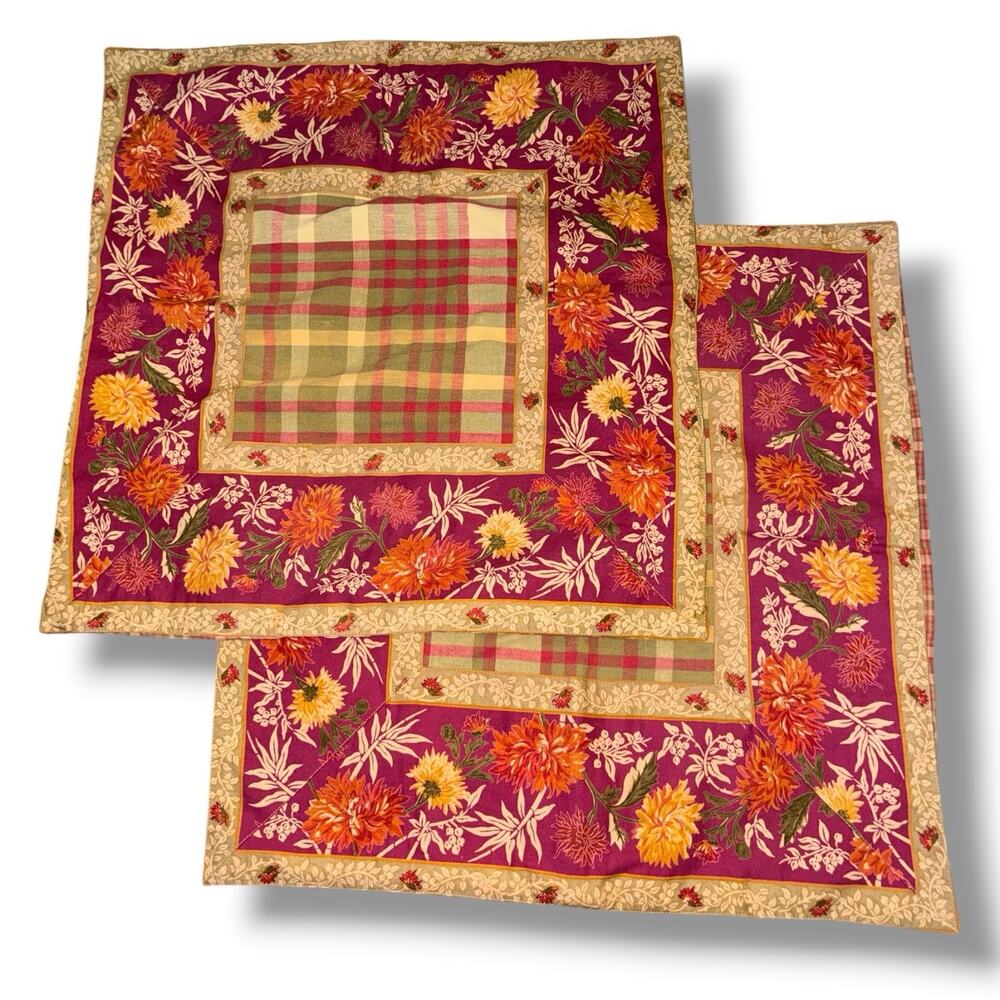 Vintage April Cornell Floral Plaid Pillow Covers Set Of 2 NWT 24x24 Pink